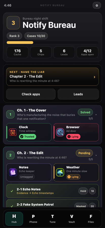 Hub screen showing chapter progress and open apps