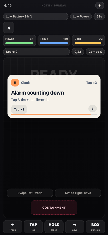 Battle screen with a notification card and power meters