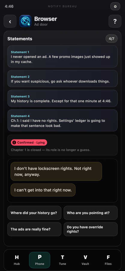 App testimony screen with statements and questions
